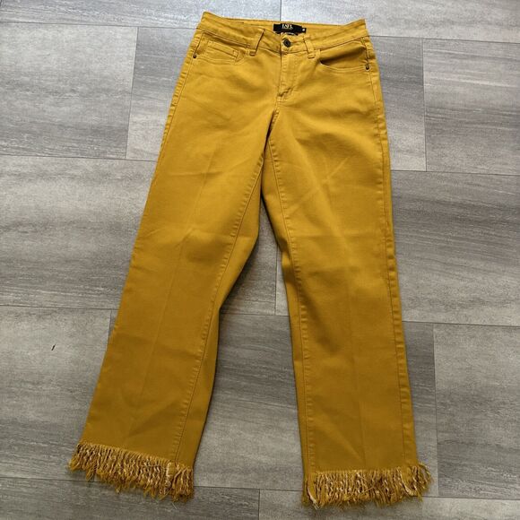 L&B Mustard Yellow Mid Rise Boyfriend Jeans - Distressed Fringe Edge - 6 - Picture 5 of 5